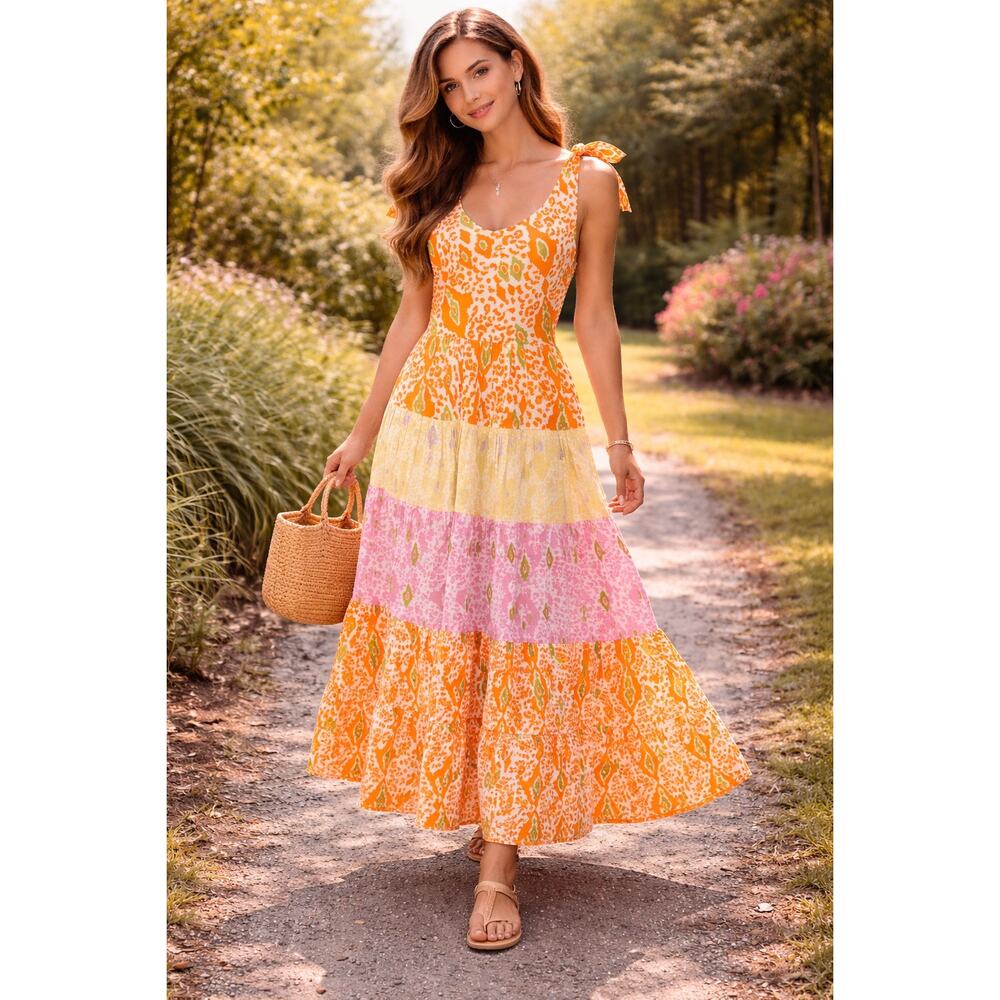 THML Orange Animal Print Maxi Dress Tie Strap Tiered Cotton Medium